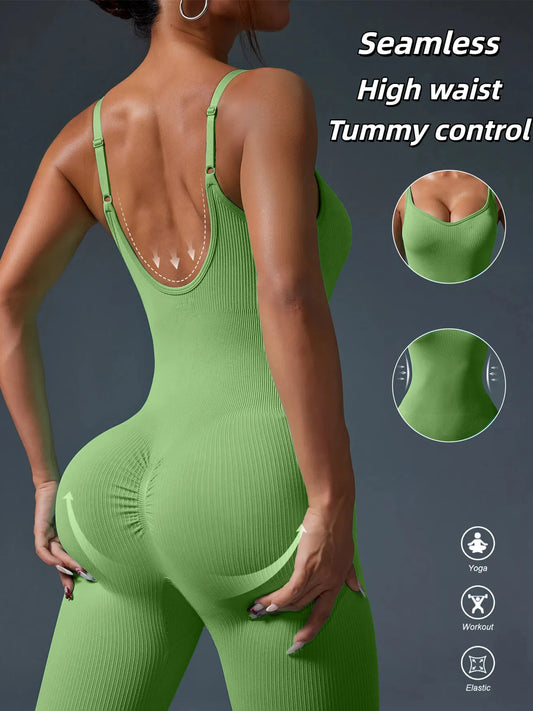 Macacão Fitness Feminino Sem Costura | Modelagem Bodycon, Costas Abertas e Conforto para Treino e Yoga