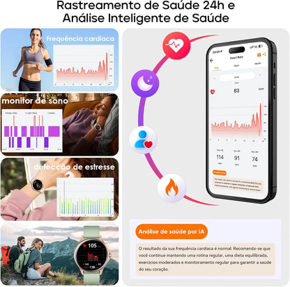 Relógio Feminino AMOLED 1,32", 150+ Modos Esportivos, Saúde e Android/iOS