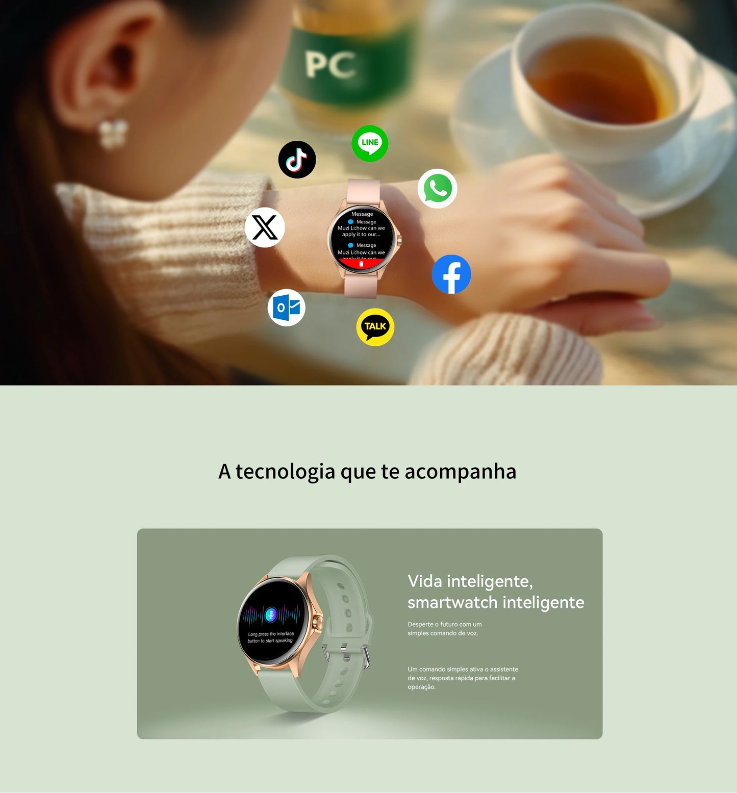 Relógio Feminino AMOLED 1,32", 150+ Modos Esportivos, Saúde e Android/iOS