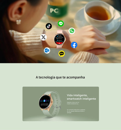Relógio Feminino AMOLED 1,32", 150+ Modos Esportivos, Saúde e Android/iOS