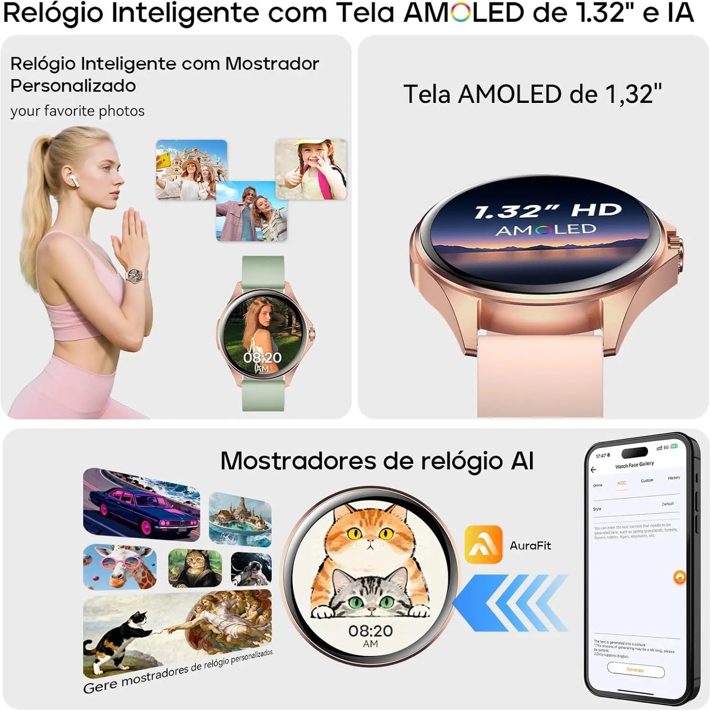 Relógio Feminino AMOLED 1,32", 150+ Modos Esportivos, Saúde e Android/iOS