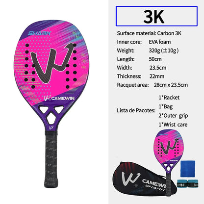 Raquete de Beach Tennis Camewin 3K Fibra de Carbono | Superfície Áspera para Mais Efeito e Controle