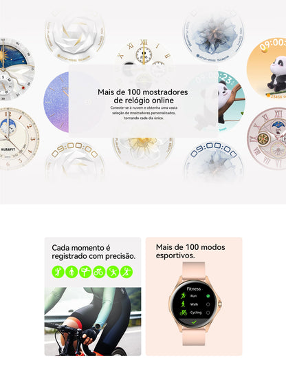 Relógio Feminino AMOLED 1,32", 150+ Modos Esportivos, Saúde e Android/iOS