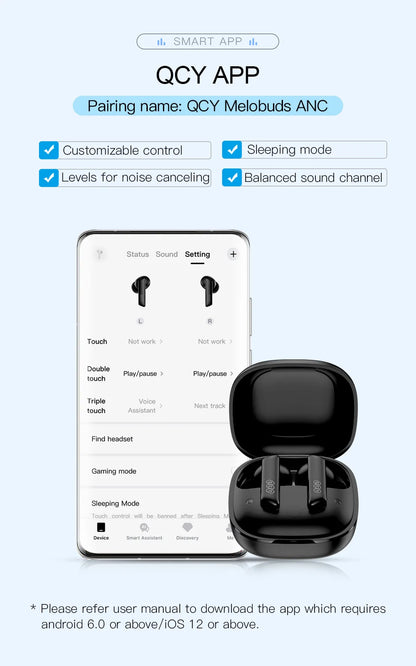QCY HT05 ANC Wireless Earphone 40dB Noise Cancelling Bluetooth 5.2 Headphone 6 Mic ENC HD Call TWS Earbuds Transparency Mode