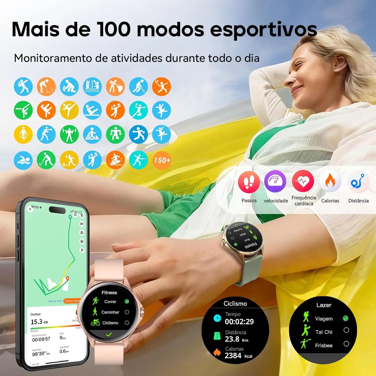 Relógio Feminino AMOLED 1,32", 150+ Modos Esportivos, Saúde e Android/iOS