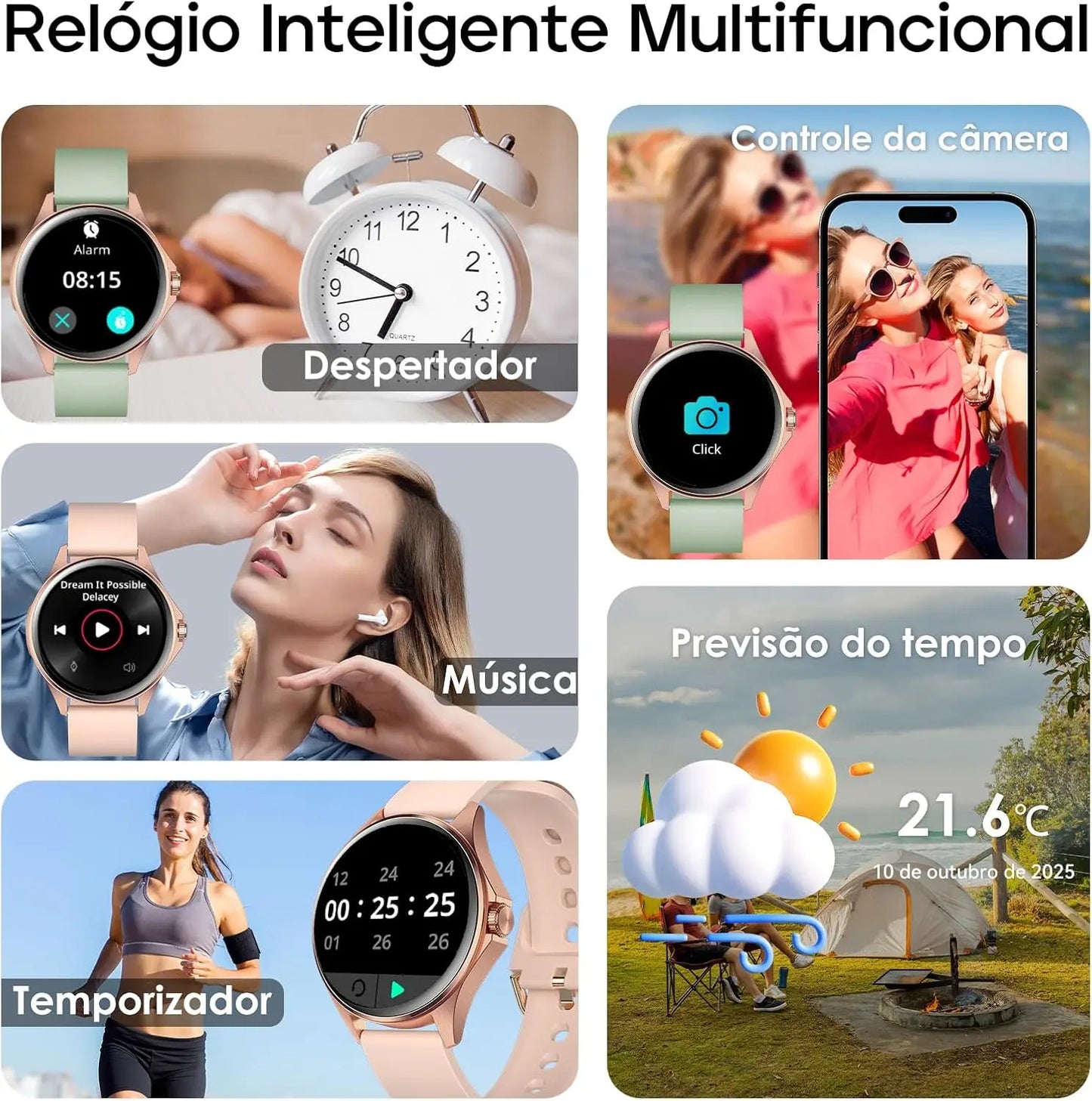 Relógio Feminino AMOLED 1,32", 150+ Modos Esportivos, Saúde e Android/iOS