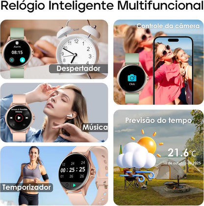 Relógio Feminino AMOLED 1,32", 150+ Modos Esportivos, Saúde e Android/iOS