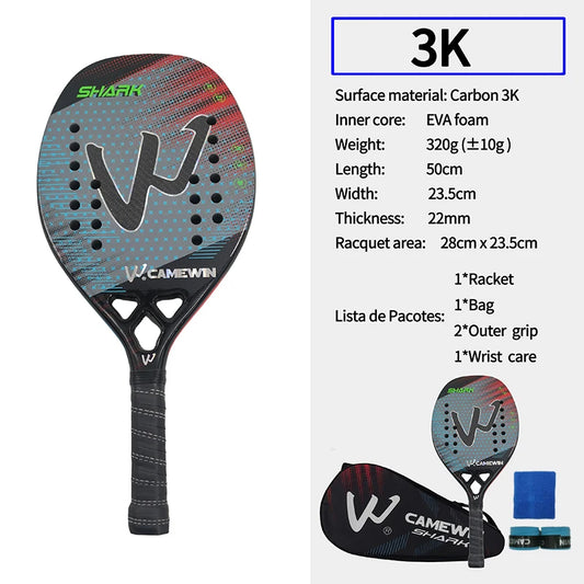 Raquete de Beach Tennis Camewin 3K Fibra de Carbono | Superfície Áspera para Mais Efeito e Controle