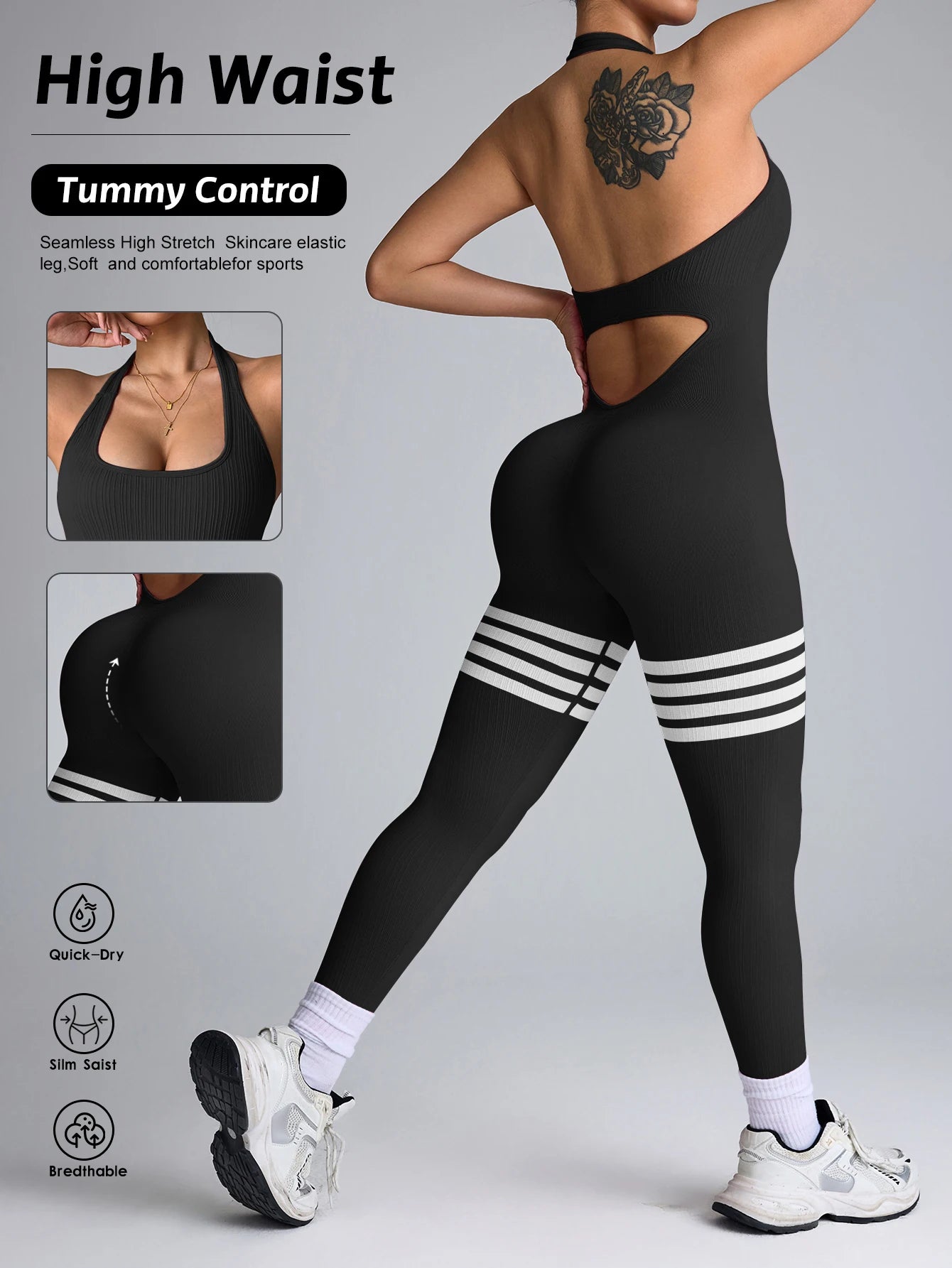 Macacão Fitness Feminino Costas Abertas | Efeito Empina Bumbum, Modelagem Ajustada e Conforto para Academia e Yoga