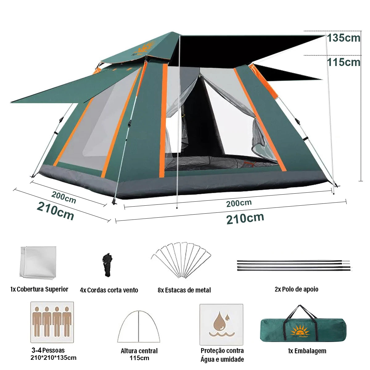 Barraca Automática Portátil para 4 Pessoas | Camping, Trilha e Proteção com Cobertura Impermeável