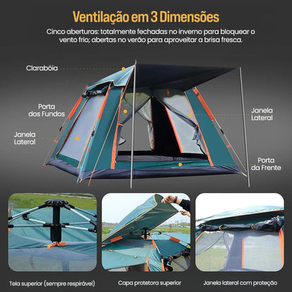 Barraca Automática Portátil para 4 Pessoas | Camping, Trilha e Proteção com Cobertura Impermeável