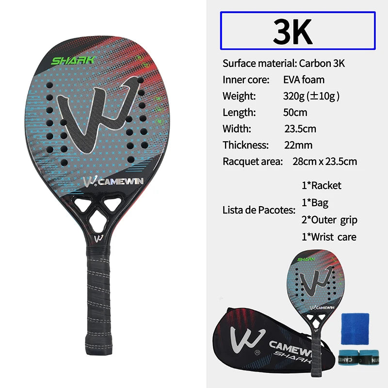 Raquete de Beach Tennis Camewin 3K Fibra de Carbono | Superfície Áspera para Mais Efeito e Controle